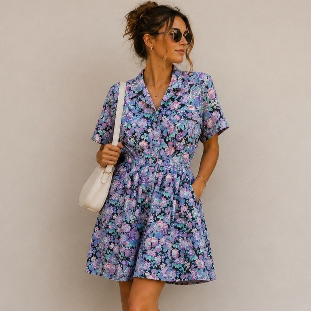 Vintage 80s Floral Romper Pastel Rose Belted Full Shorts Cottage Whimsy Cotton M